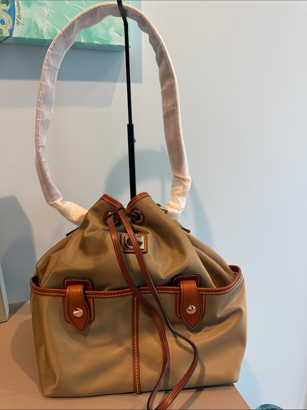 Dooney & Bourne Taupe Large Drawstring Shoulder Bag with Brown Trim